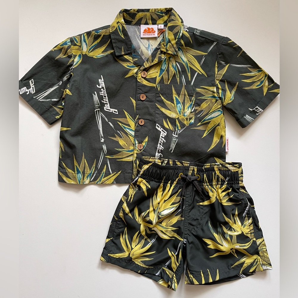 Sundek Boy’s Multi Palm Print Shirt & REPREVE® Board Shorts - Pine - Size 2
